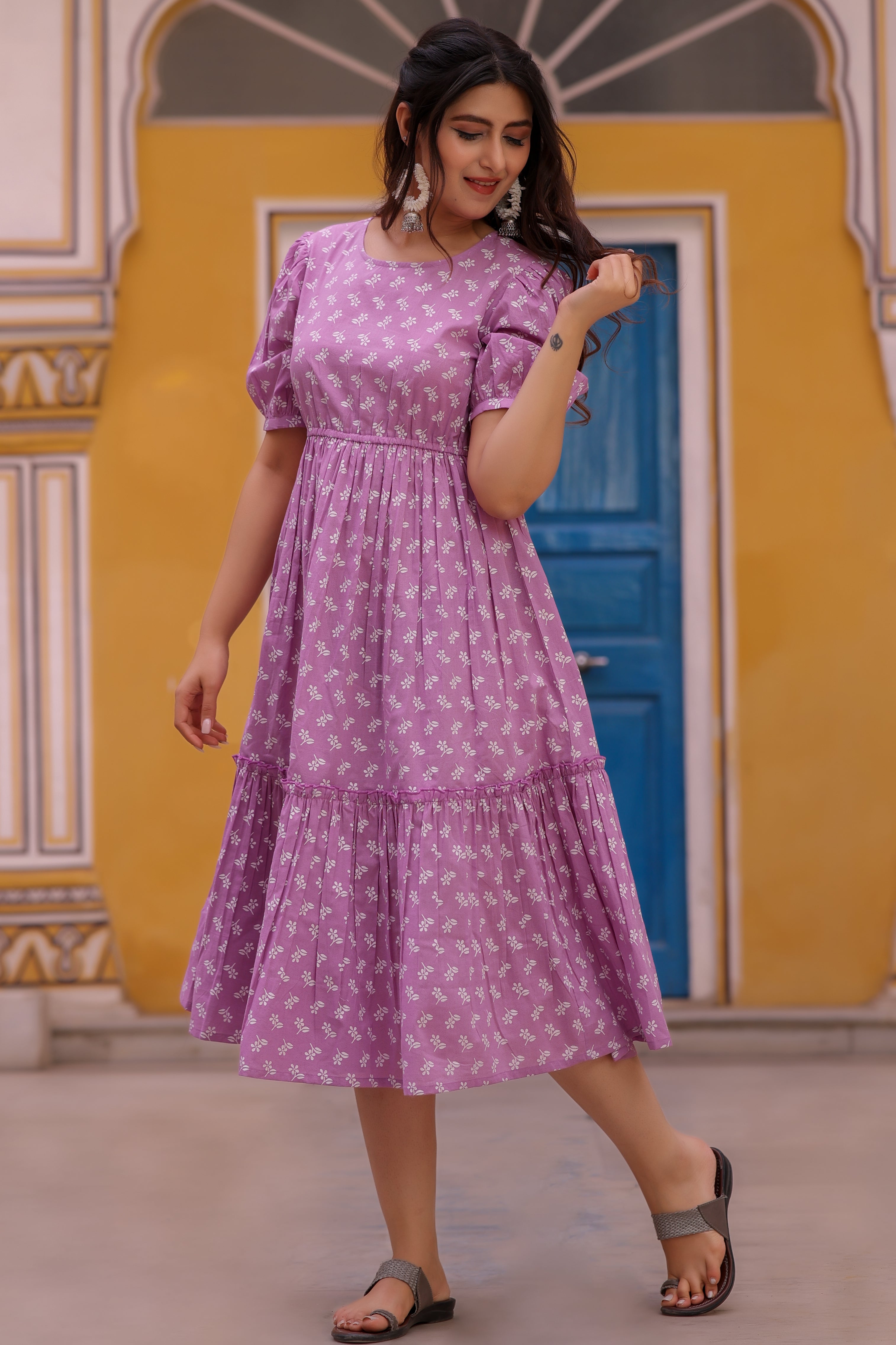 Lavender Cotton Floral Printed Tiered Dress